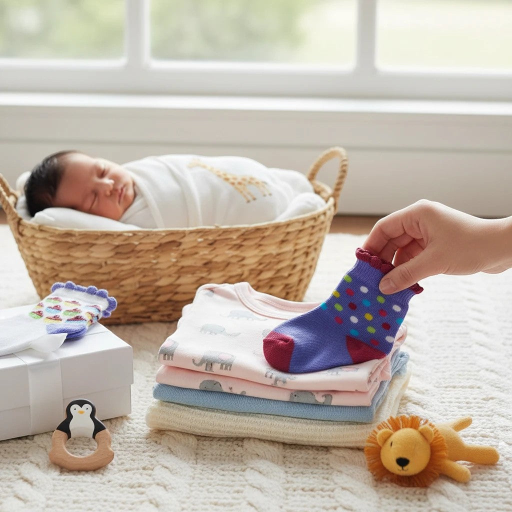 Stork And Baby Girls 2 pack socks, one with cupcakes, one with colorful polka dots. Soft cotton blend.