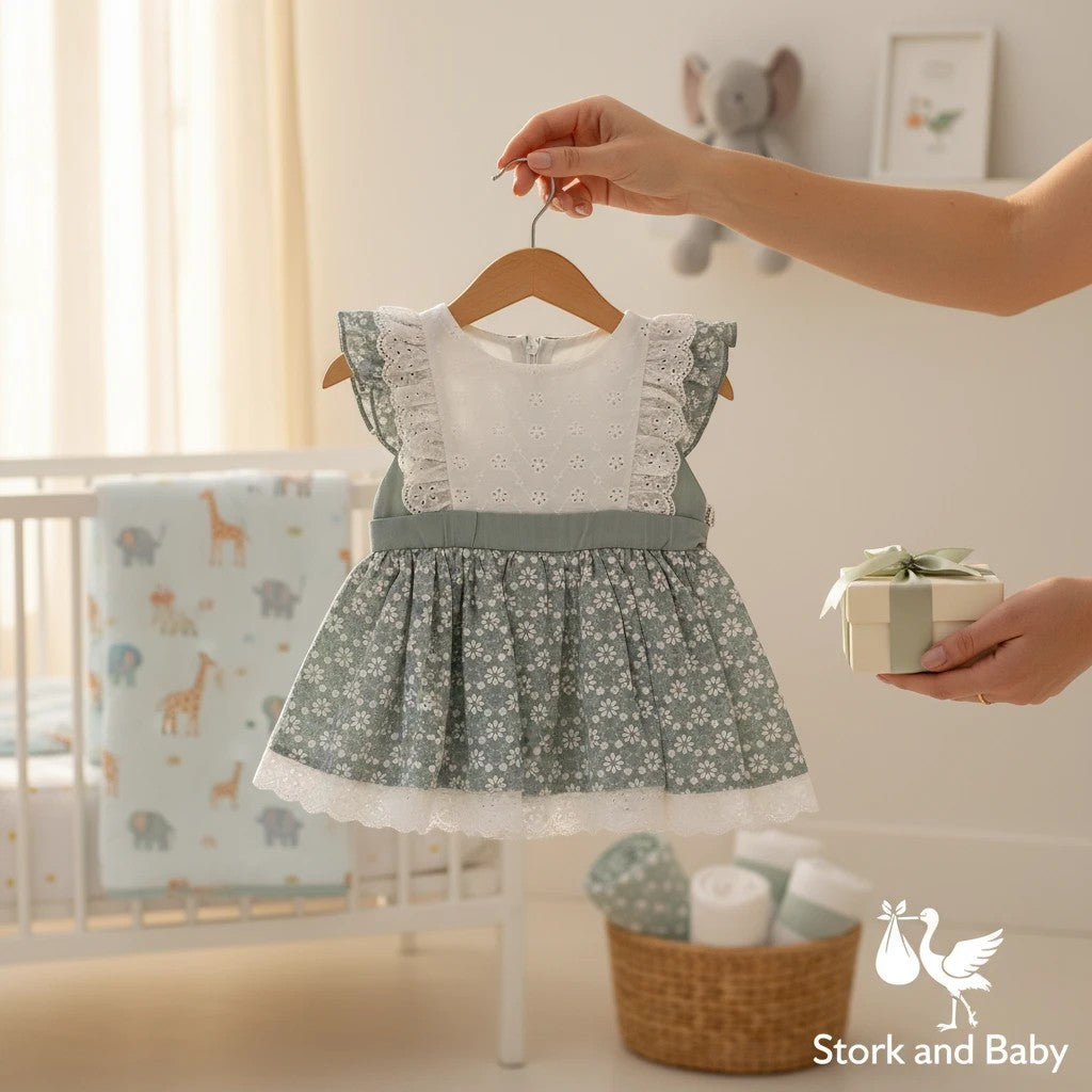 Stork And Baby green floral cotton linen baby dress with white eyelet bodice and lace trim. Ruffled sleeves.
