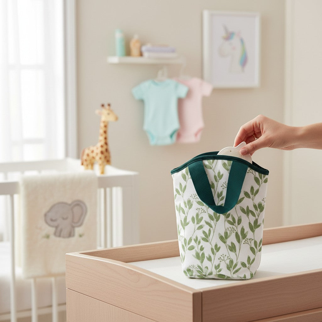 Stork And Baby Green Leaf insulated bottle warmer bag with dark green handles, perfect for travel and outings.