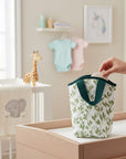Stork And Baby Green Leaf insulated bottle warmer bag with dark green handles, perfect for travel and outings.