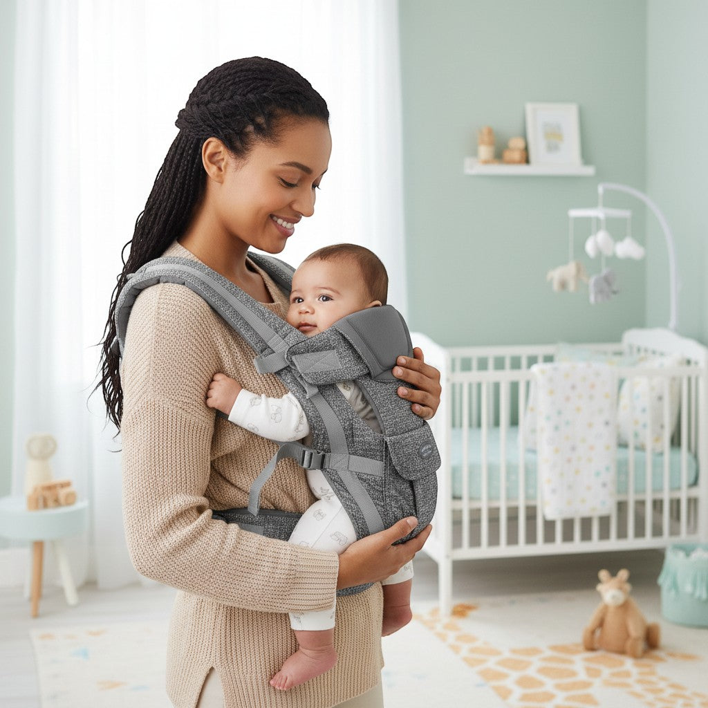Stork And Baby grey 4-way baby carrier worn by a smiling mother holding her infant in a nursery setting.