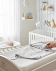 Stork And Baby grey bamboo hooded baby towel with a leaf pattern on the hood. 75x75cm.