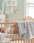 Stork And Baby Mothers Choice grey chevron coral fleece baby blanket with a nursery mobile in a wooden crib