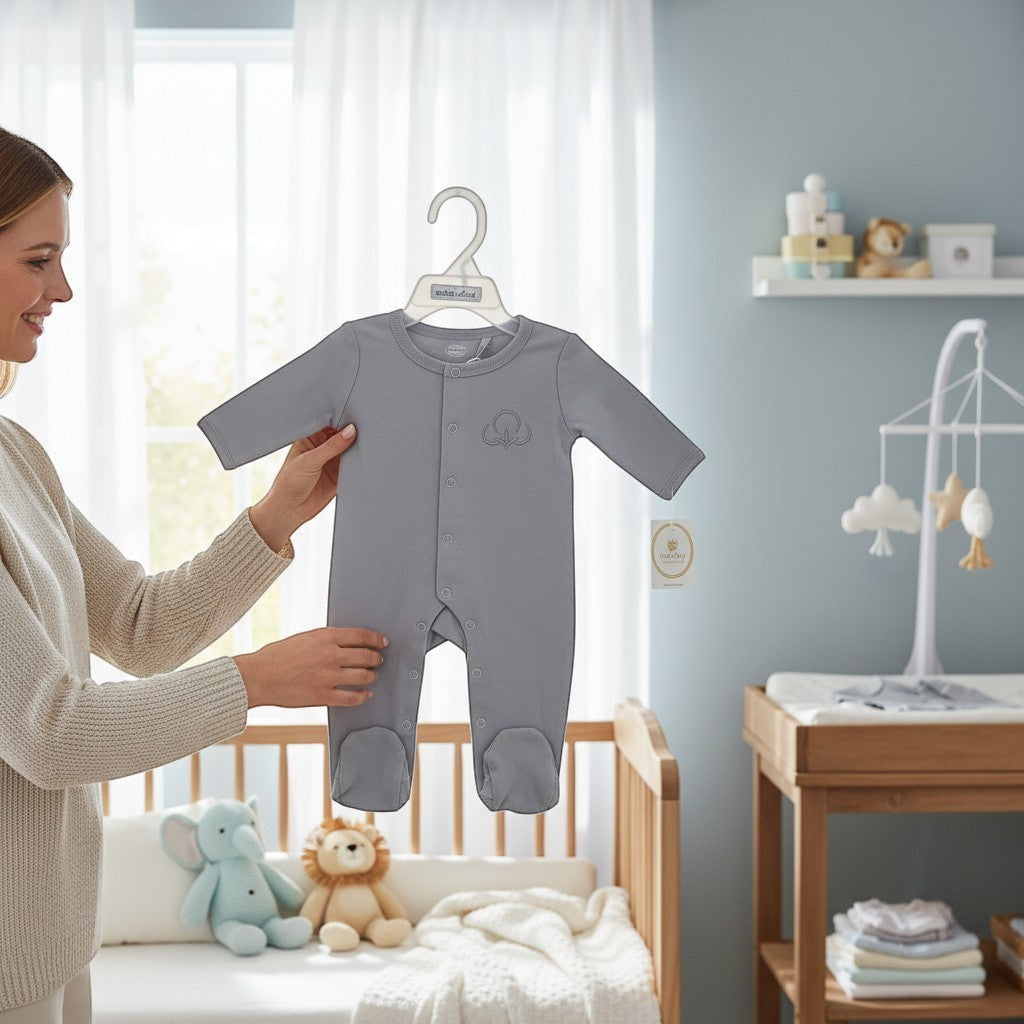 Stork And Baby grey cotton babygrow with footies and snap closure, featuring a subtle embroidered cotton motif.