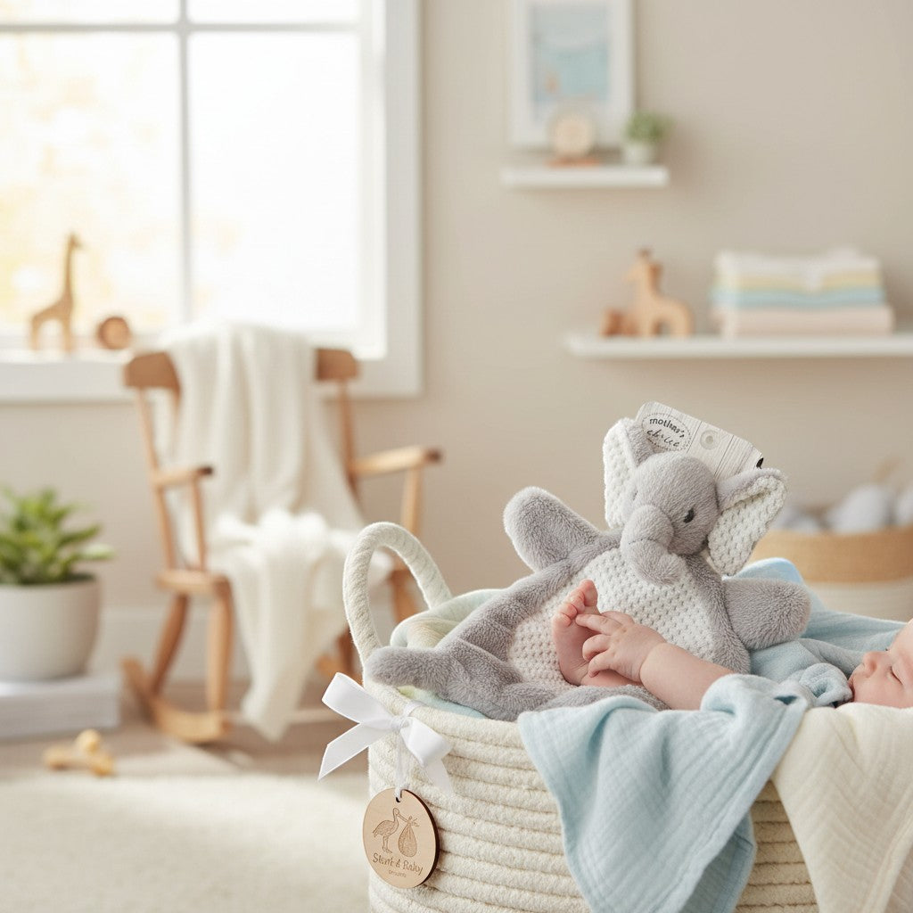 Stork And Baby grey plush elephant blanket with white knit backing for baby