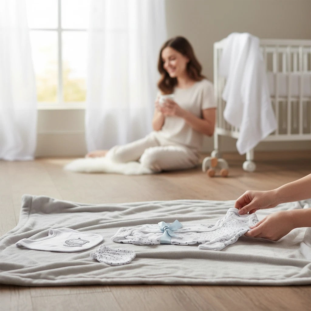 Stork And Baby 5 piece newborn starter set in Grey Elie, including a bib, hat, mittens, grower, and bodysuit with a blue ribbon.