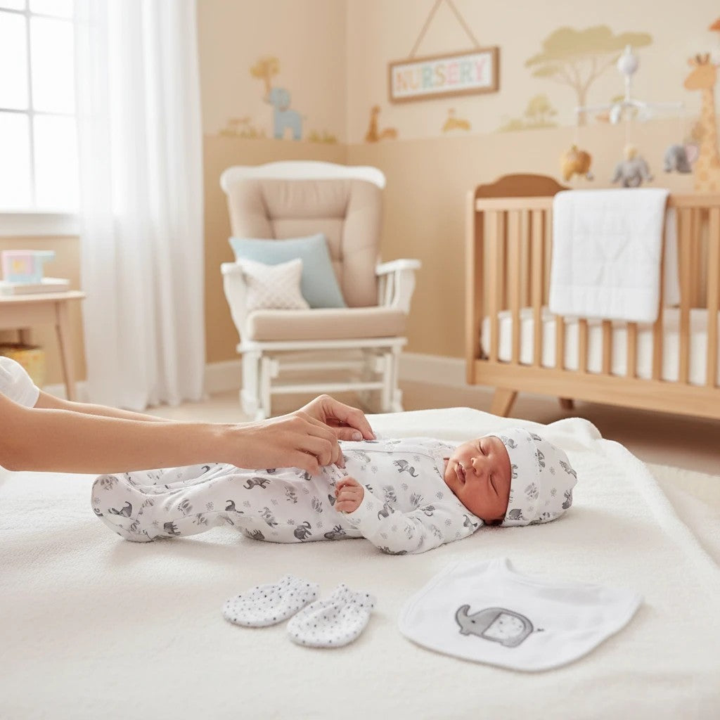 Stork And Baby 5 piece Grey Elie newborn starter set with elephant print, including bodysuit, hat, mittens, and bib.