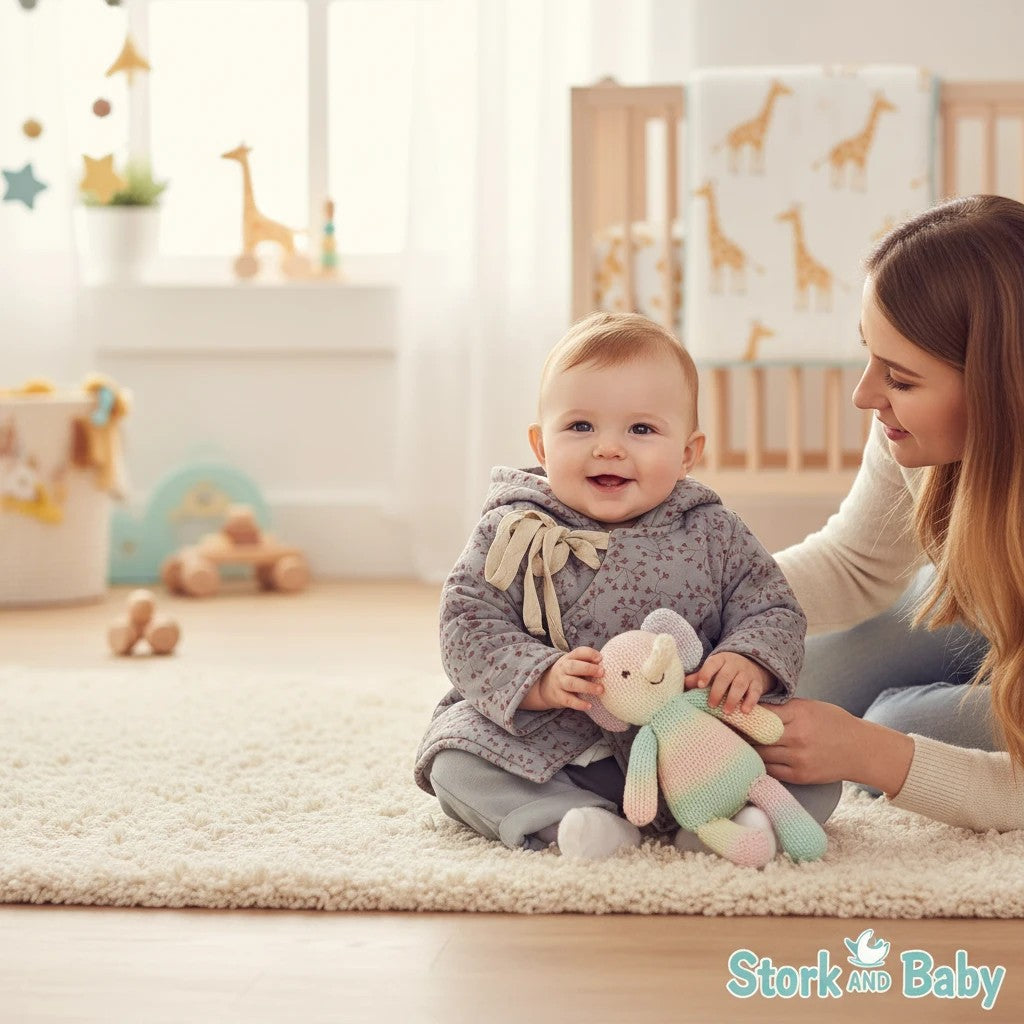 Stork And Baby grey 3-piece fiber jacket set for baby, featuring a patterned jacket with tie closure and soft fabric.