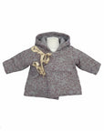 Stork And Baby grey fiber jacket with a floral print and cream ribbon tie closure. Hooded design for warmth.
