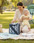 Stork And Baby grey geometric insulated infant bottle warmer bag with strap, perfect for travel and outings.