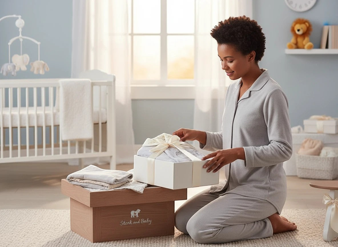 Stork and Baby Grey House padded velour baby grower, soft and warm for newborns. Neutral tones.