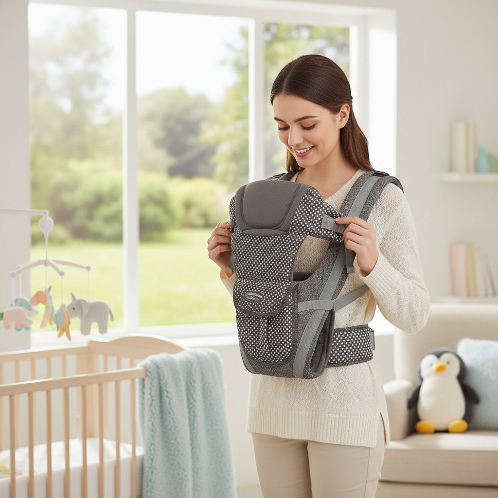 Stork And Baby grey polka dot 4-way baby carrier with padded straps and adjustable buckles. Woman wearing carrier in nursery.