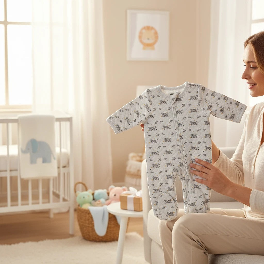 Stork And Baby grey quilted baby growsuit with rainbow and cloud print, long sleeves, footed design, and zipper closure.