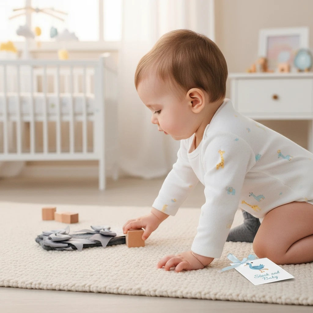Stork And Baby grey ribbon infant socks with a baby playing on a rug.