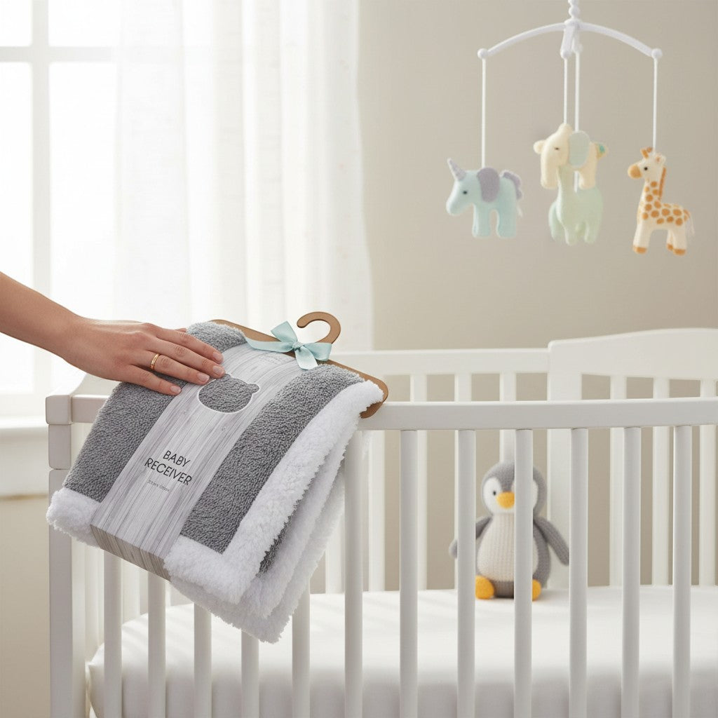 Stork And Baby grey sherpa fleece baby blanket with white trim, 75x100cm, on a hanger.