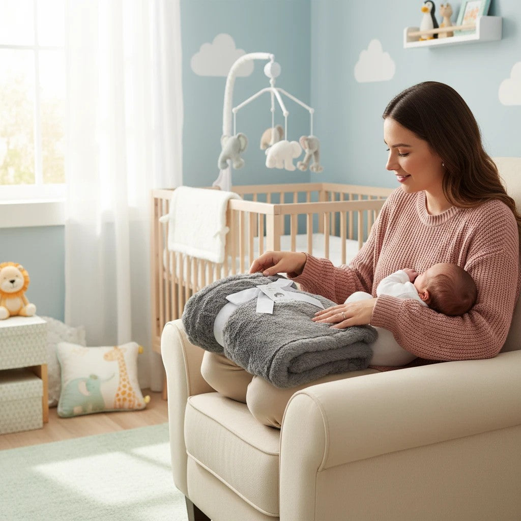 Stork And Baby grey single layer sherpa fleece blanket, 75x100cm, tied with a white ribbon.