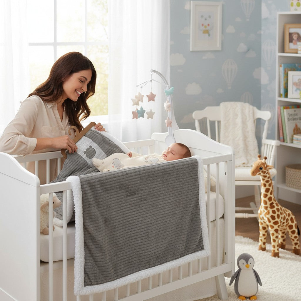 Stork And Baby grey sherpa fleece blanket with white trim, featuring a ribbed texture and a cute bear applique.