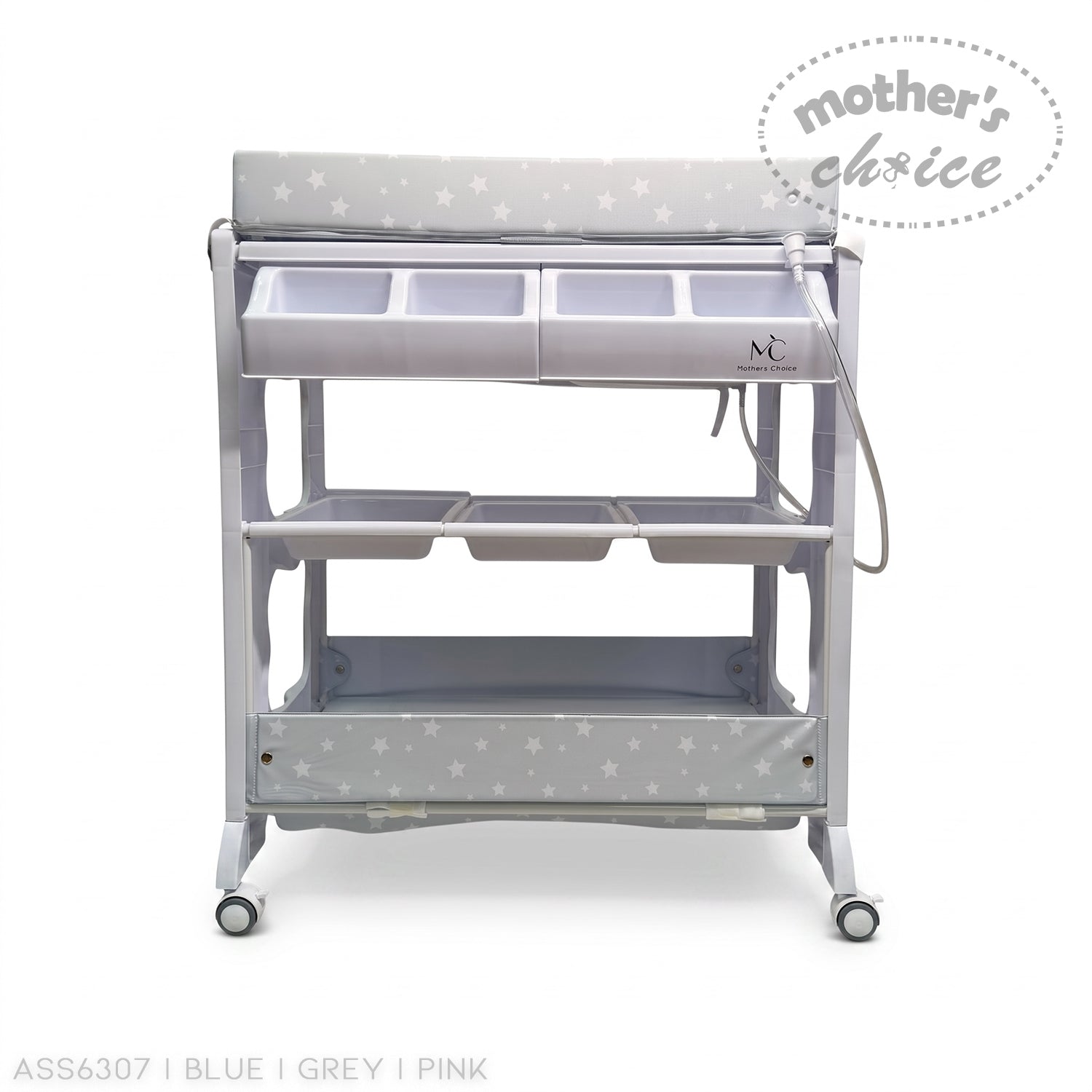 Stork And Baby grey baby bath caddy with star pattern, storage compartments, and wheels for easy mobility