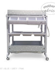 Stork And Baby grey baby bath caddy with star pattern, storage compartments, and wheels for easy mobility
