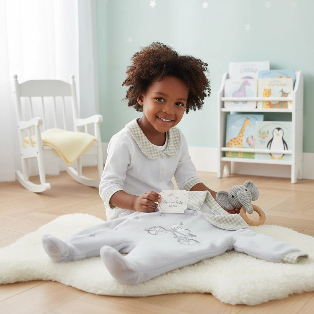 Stork and Baby grey padded velour baby grower with bicycle detail and gingham collar and cuffs.