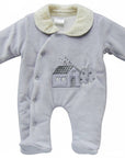 Stork And Baby grey velour padded grower with a house and tree embroidery. Features a cream collar with polka dots.