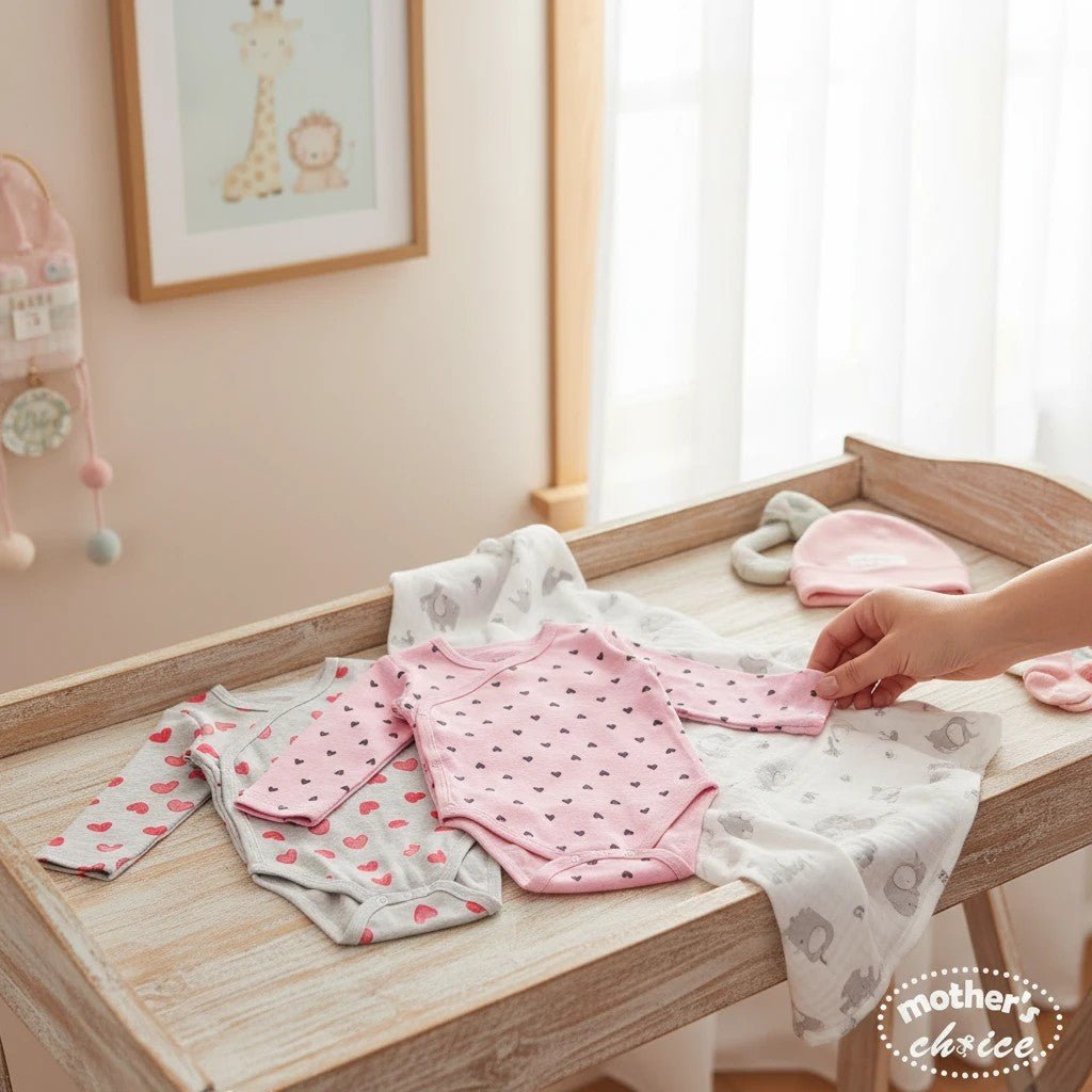 Stork And Baby pink and grey long-sleeve bodysuits with heart print, soft cotton, 2-pack