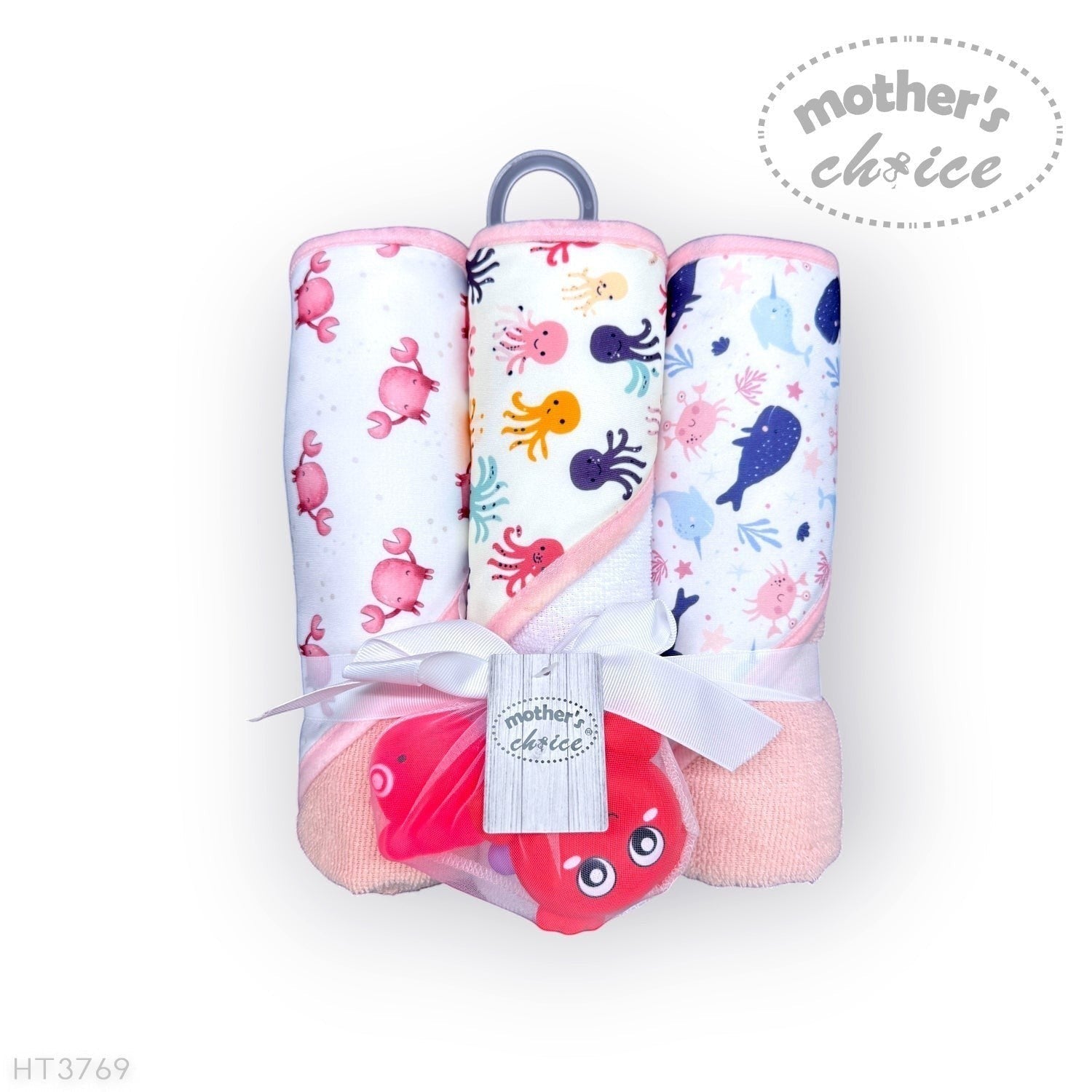 Stork And Baby 3-pack of soft hooded baby towels featuring whale, octopus, and crab prints with a matching toy