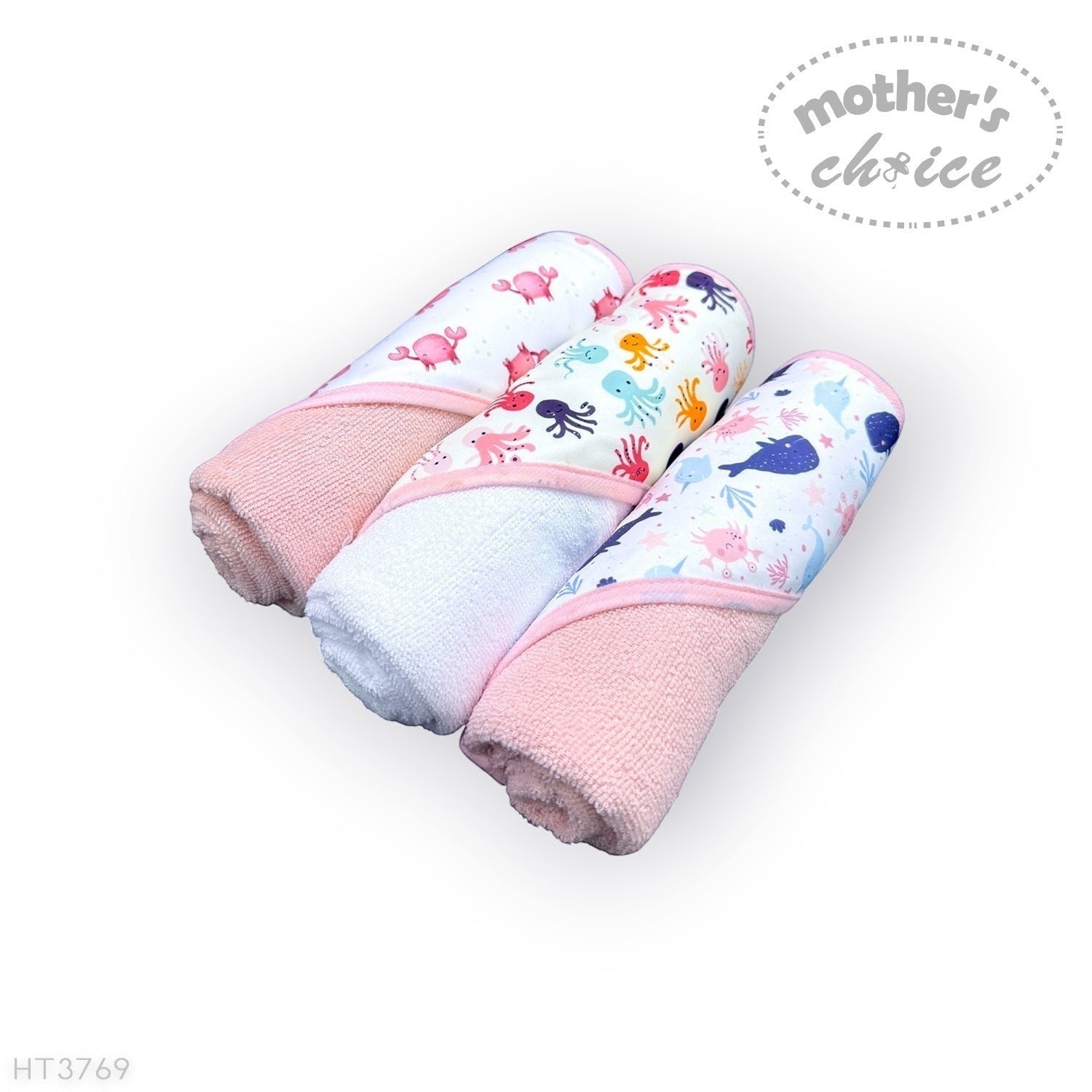 Stork And Baby 3-pack of soft hooded baby towels featuring whale and sea creature patterns in pink, white, and blue.