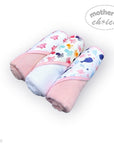 Stork And Baby 3-pack of soft hooded baby towels featuring whale and sea creature patterns in pink, white, and blue.