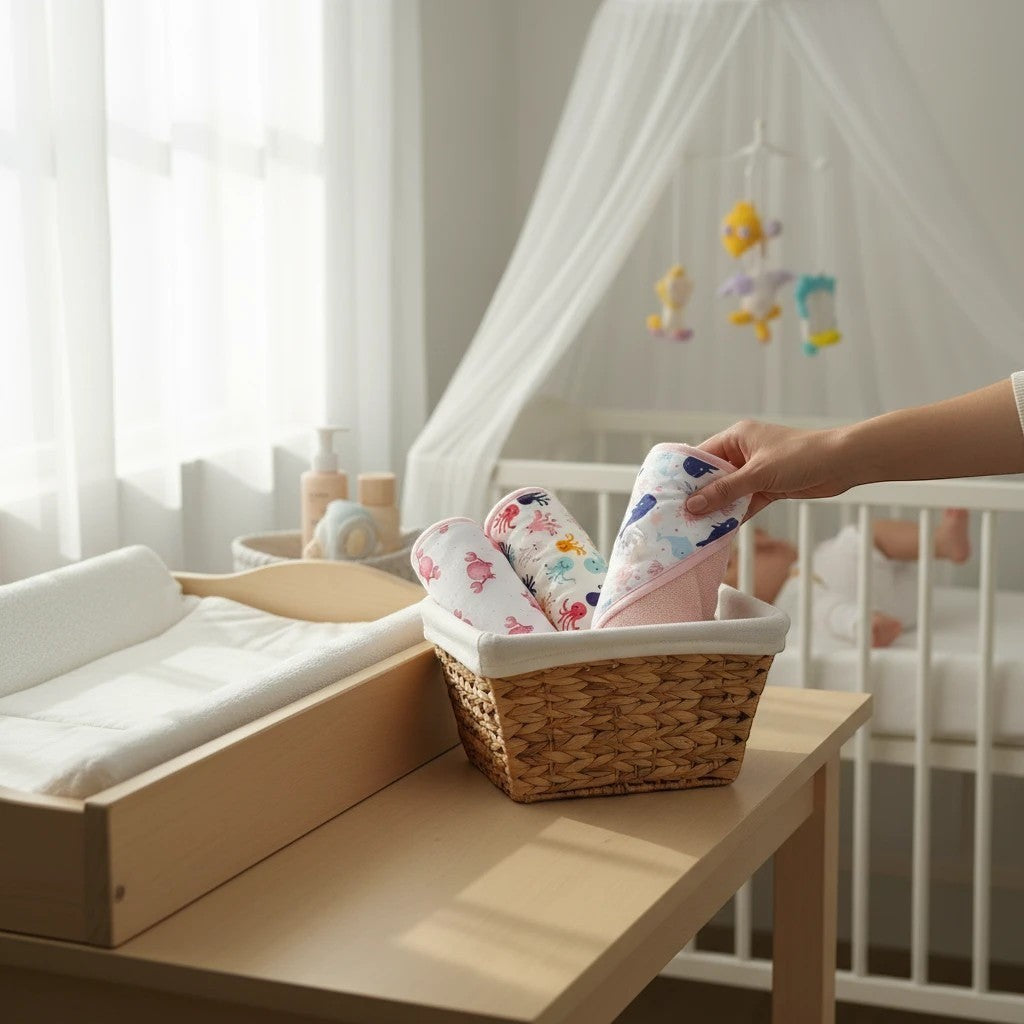 Stork And Baby 3 pack of Mothers Choice hooded baby towels with whale and sea creature prints in a woven basket