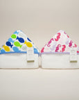 Stork And Baby hooded cotton towels in blue fish and pink seahorse prints. 100% cotton, absorbent, and soft for baby bath time.
