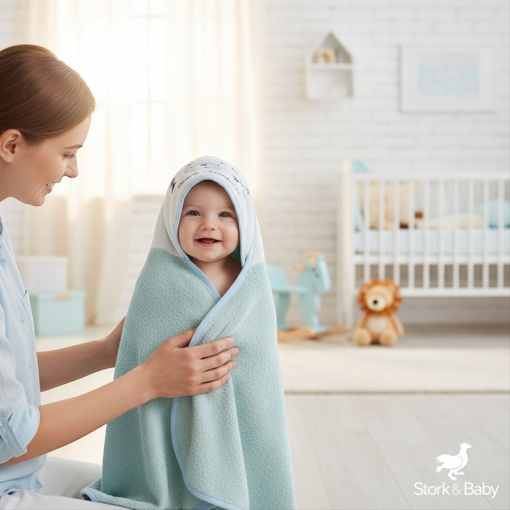 Stork And Baby light blue 100% cotton baby hooded towel with Brave Adventurer embroidery, soft and absorbent