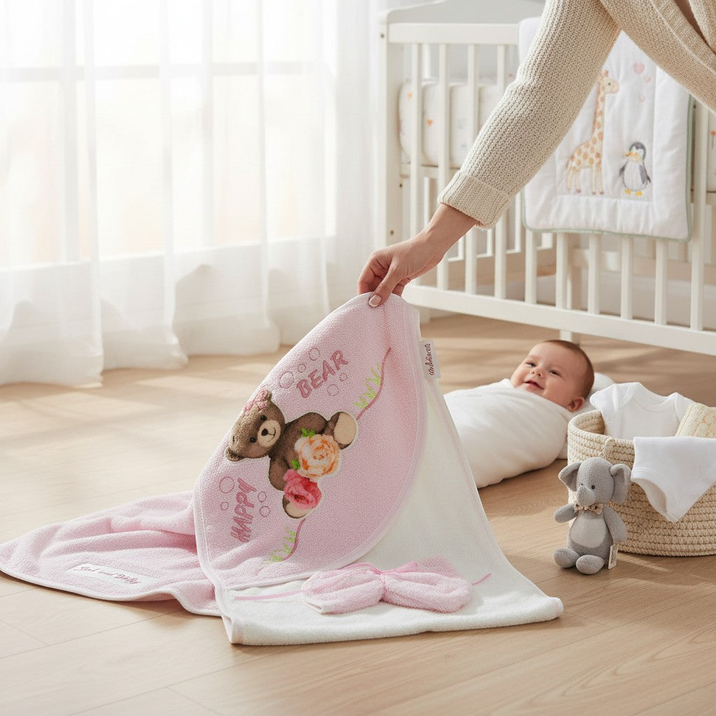 Stork And Baby pink hooded towel and facecloth set with a 'Happy Bear' design, perfect for baby bath time.
