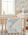 Stork and Baby white hooded towel and facecloth set with blue and tan 'Best Friends' applique. Soft cotton terry.