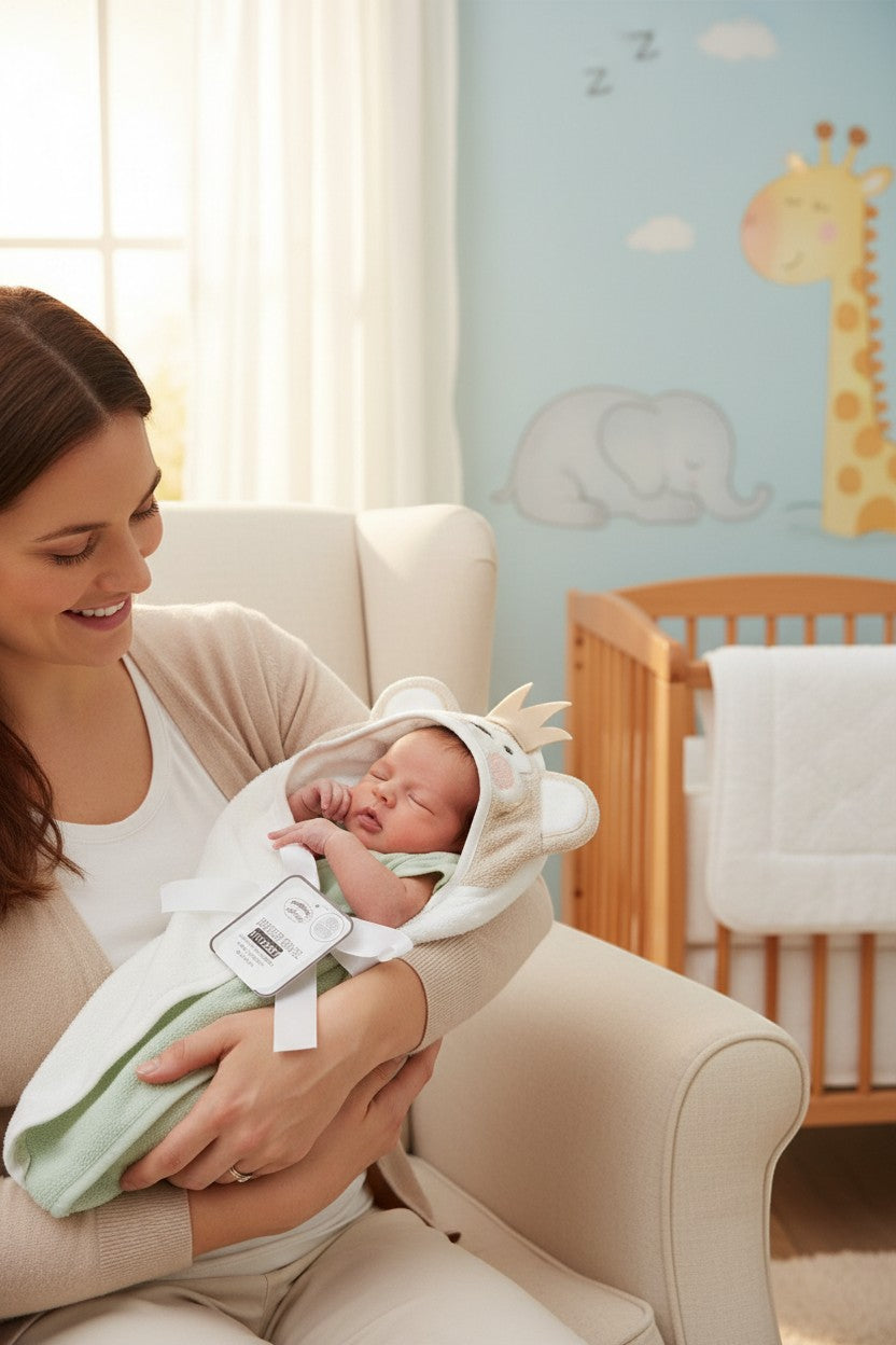 Stork And Baby hooded towel for babies, 100% cotton, white with monkey face and crown detail, light green lining.