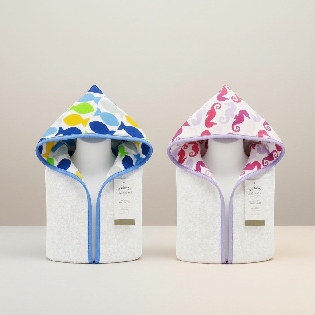Stork And Baby white 100% cotton hooded towels with playful sea creature prints in blue fish and pink seahorse designs.