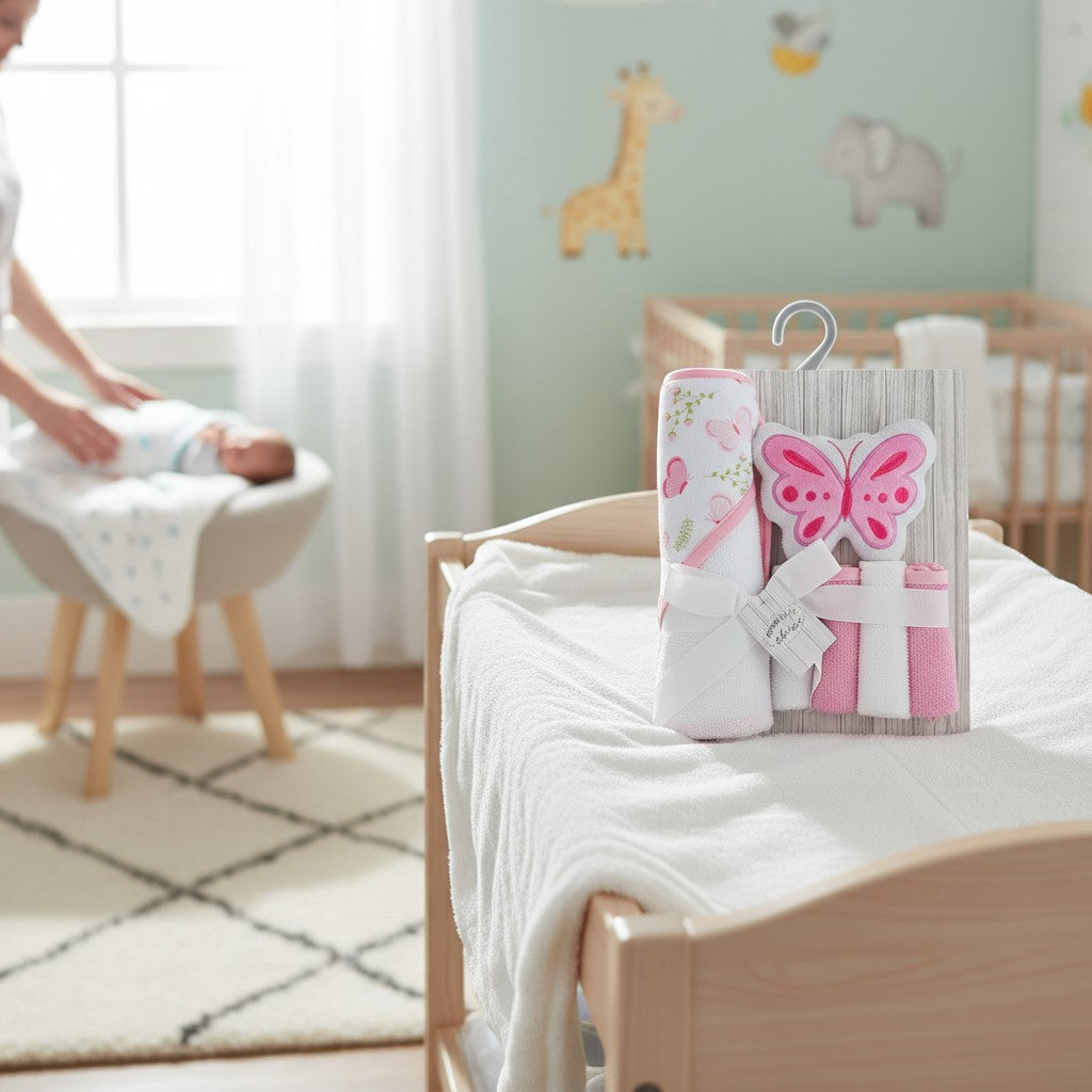Stork And Baby hooded towel and washcloths set with pink butterfly design, soft cotton for baby.