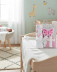 Stork And Baby hooded towel and washcloths set with pink butterfly design, soft cotton for baby.