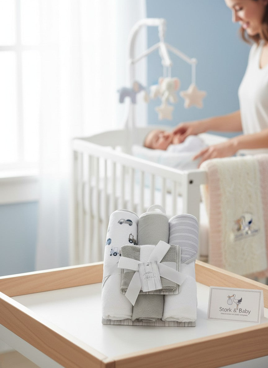 Stork &amp; Baby 3 piece hooded towels and 3 piece facecloths set in brown construction cars design. Soft, absorbent cotton for baby care.