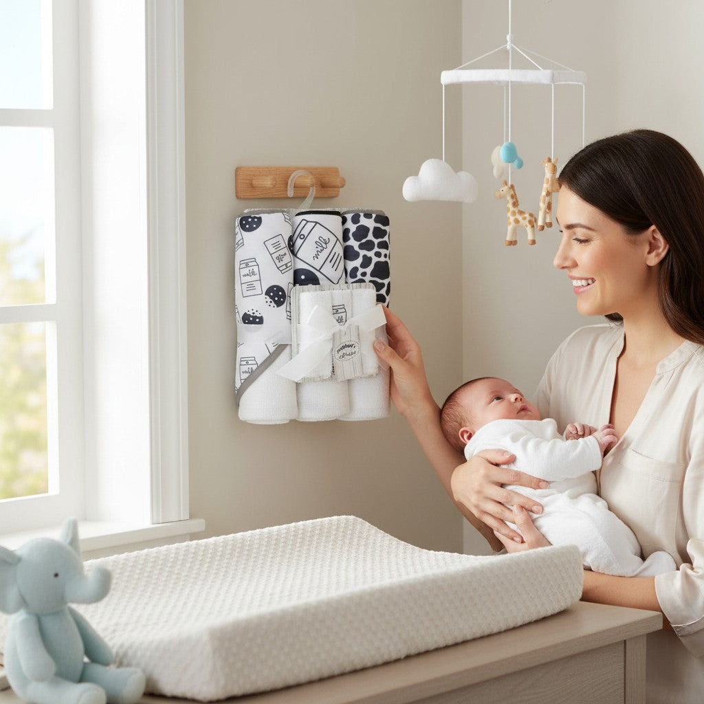 Stork And Baby 6-piece baby bath set with 3 hooded towels and 3 facecloths in milk bottle print. Soft, absorbent cotton.