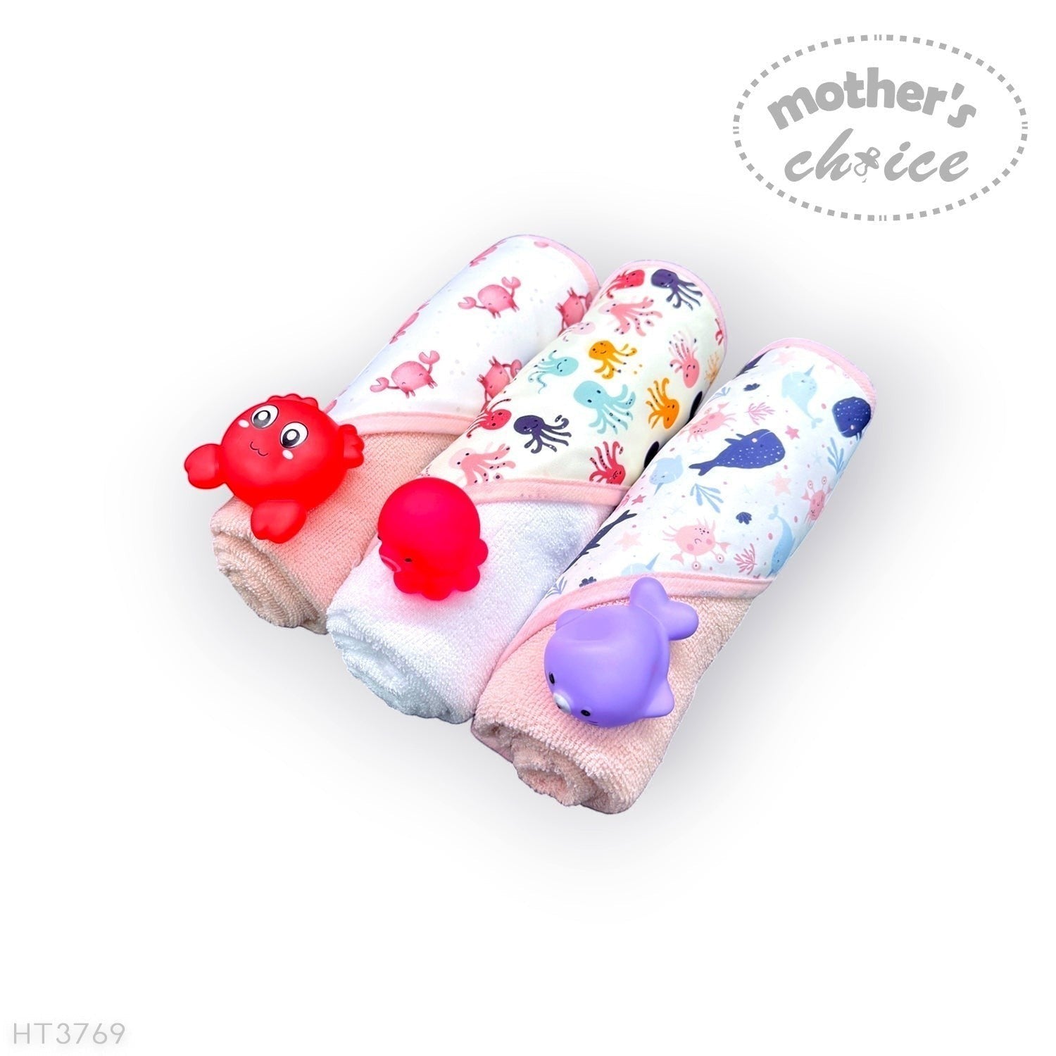Stork And Baby 3 pack of soft baby hooded towels with colourful whale, crab, and octopus prints and matching toys