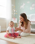 Stork And Baby Infant 3 Piece Set Queen Vibes: white bodysuit with colorful "Queen Vibes" graphic and rainbow tulle skirt