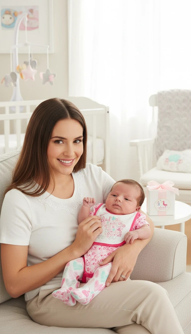 Stork And Baby white cotton top with lace trim, worn by a smiling woman holding a baby in a pink heart-print 3-piece starter set.