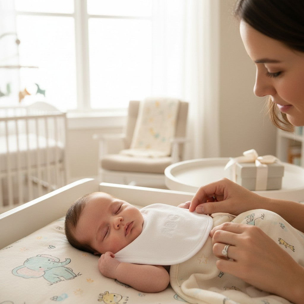 Stork And Baby white toweling dribble bib with ABC embroidery for infants, soft and absorbent for drool and spills.