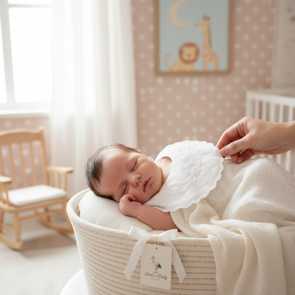 Stork And Baby white embroidered linen/cotton bib with floral accents on sleeping infant.