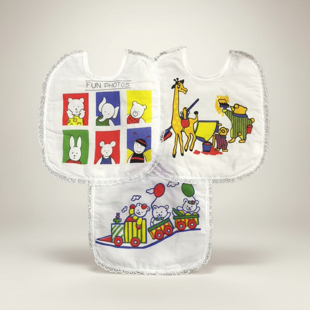 Stork And Baby pack of 3 white infant bibs with lace trim. Designs include fun photos of animals, a giraffe and bears painting, and bears on a train.