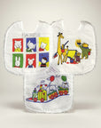 Stork And Baby pack of 3 white infant bibs with lace trim. Designs include fun photos of animals, a giraffe and bears painting, and bears on a train.