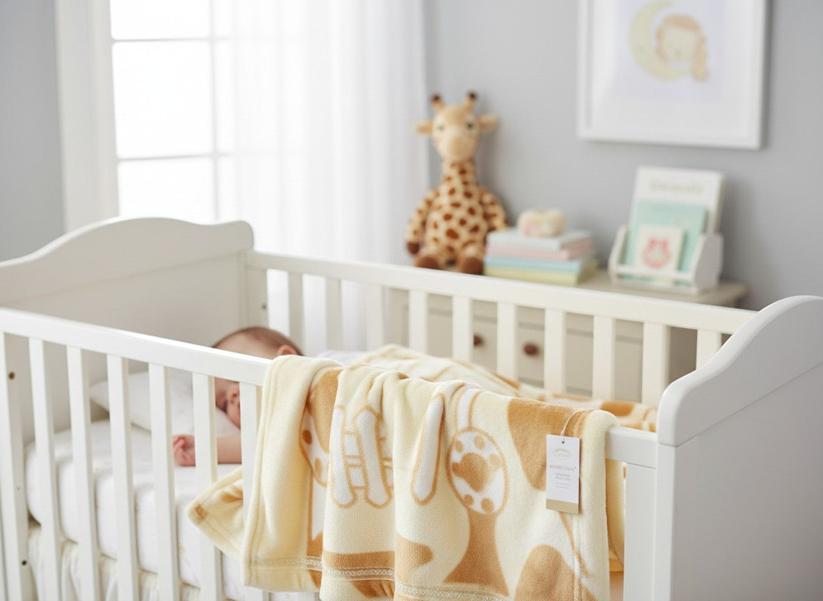 Stork And Baby beige and white polyester mink infant cutwork blanket with giraffe pattern