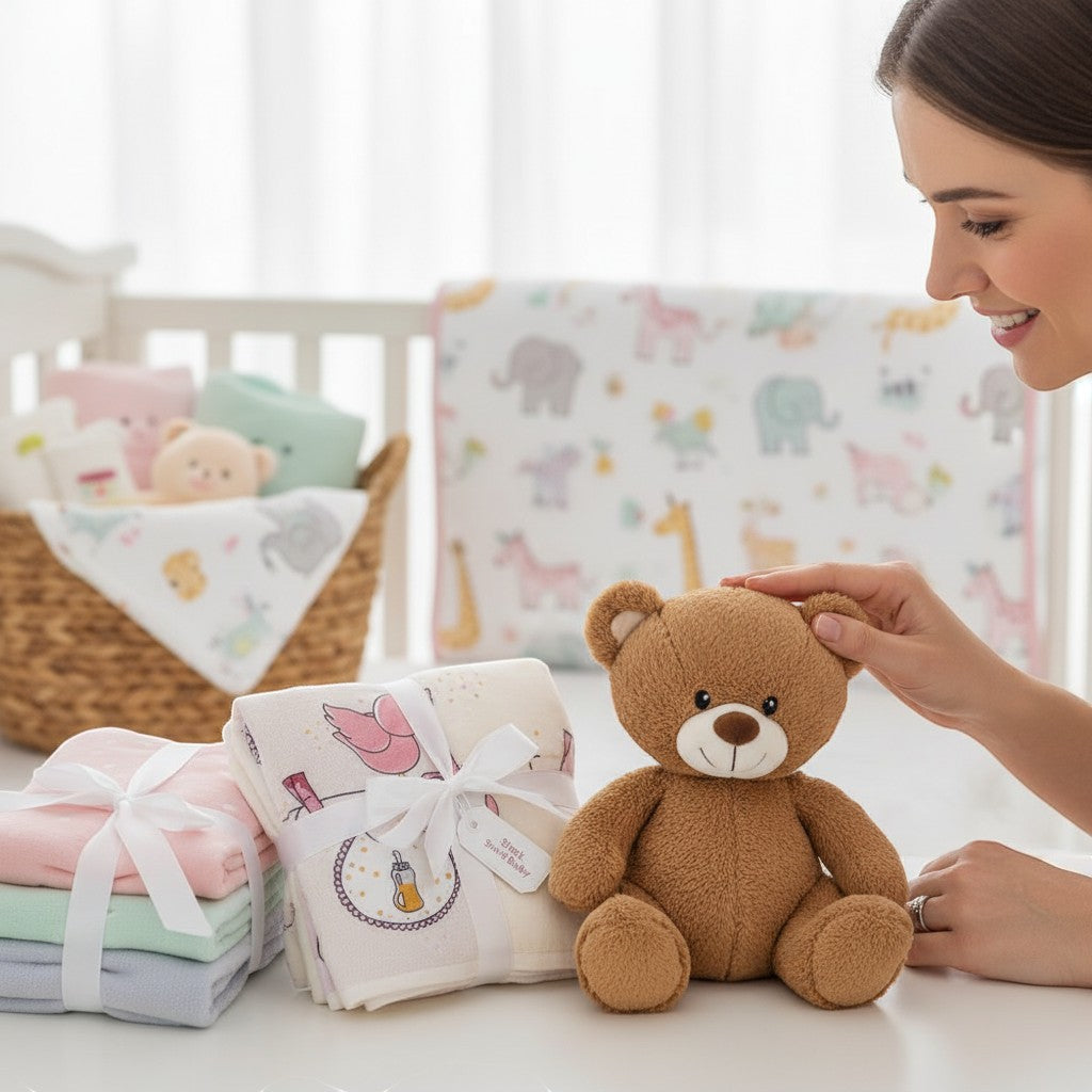 Stork And Baby pink, blue, and mint green baby blankets and a cutwork blanket with pink birds and bottles. A teddy bear sits nearby.