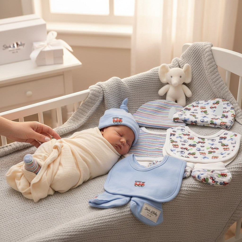 Stork And Baby infant boys 3-piece 100% cotton set with blue hat, bib, and booties featuring a red truck applique. Includes striped and car-print items.